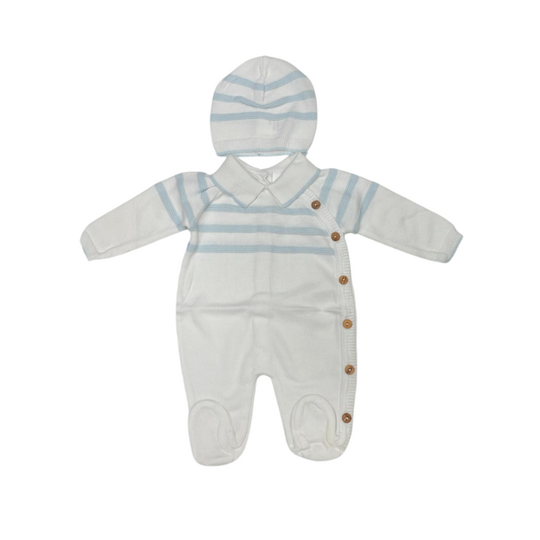 Luna Baby Knitted Footed Set With Stripes And Wooden Buttons - White