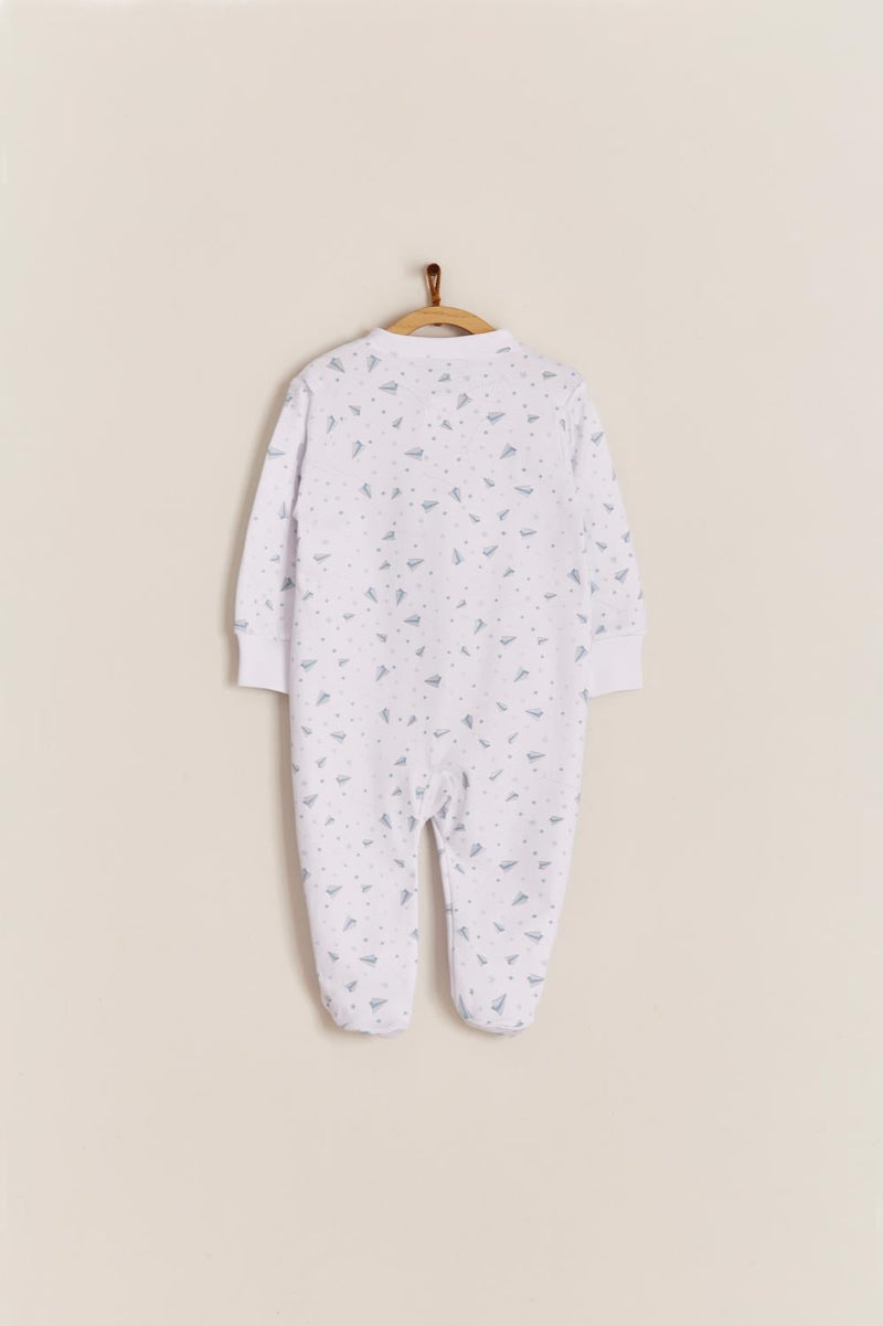 Babycottons Planes Zipper Footed Pajama White & Light Blue