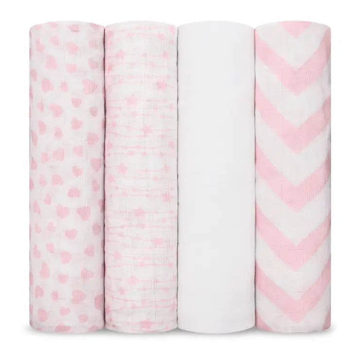 Comfy Cubs Baby Muslin Swaddle Blankets 4 Pack Pink