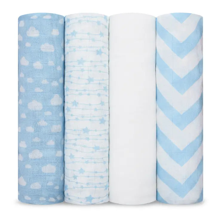 Comfy Cubs Baby Muslin Swaddle Blankets 4 Pack Blue