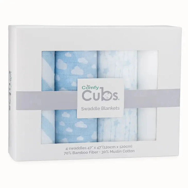 Comfy Cubs Baby Muslin Swaddle Blankets 4 Pack Blue