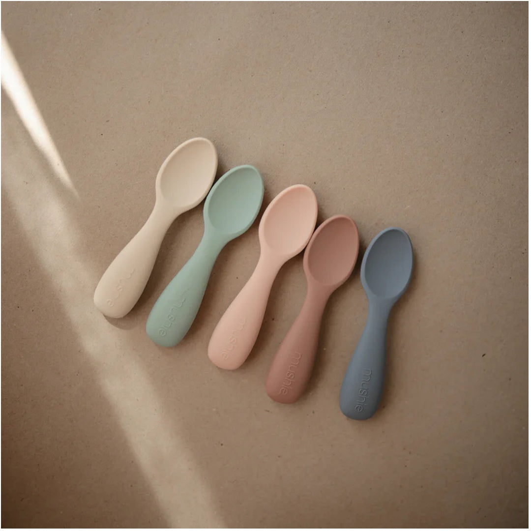 Mushie Silicone Toddler Starter Spoons 2-Pack  Blush/Shifting Sand