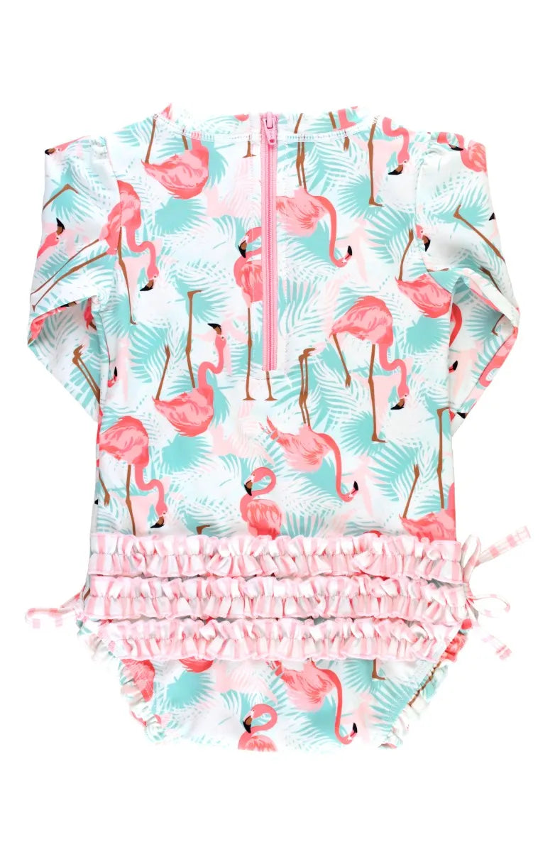 Ruffle Butts Long Sleeve One Piece Rash Guard - Vibrant Flamingo