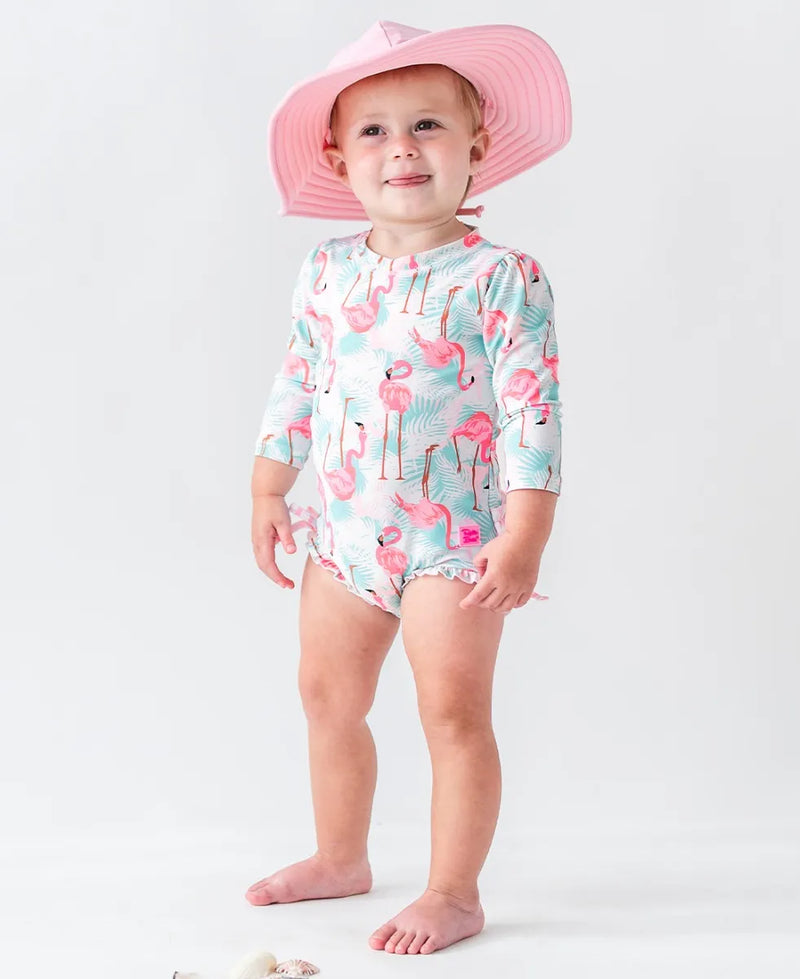 Ruffle Butts Long Sleeve One Piece Rash Guard - Vibrant Flamingo