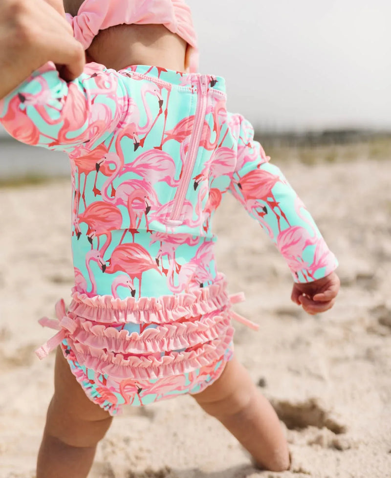 Ruffle Butts Long Sleeve One Piece Rash Guard - Flamingo