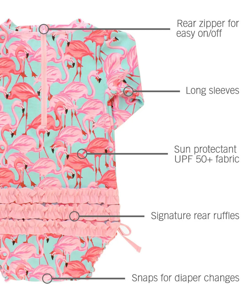 Ruffle Butts Long Sleeve One Piece Rash Guard - Flamingo