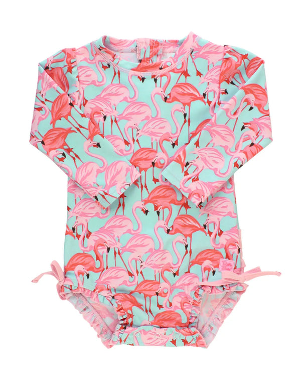 Ruffle Butts Long Sleeve One Piece Rash Guard - Flamingo