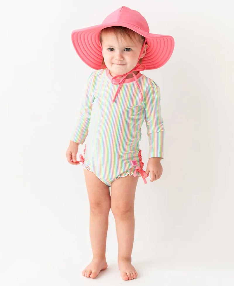 Ruffle Butts Long Sleeve Rash Guard One Piece - Rainbow Seersucker