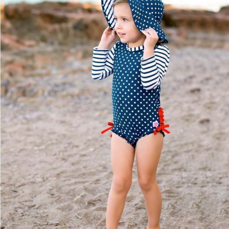 Ruffle Butts Long Sleeve One Piece Rash Guard - Navy Polka Dot