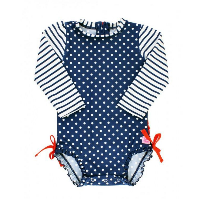 Ruffle Butts Long Sleeve One Piece Rash Guard - Navy Polka Dot