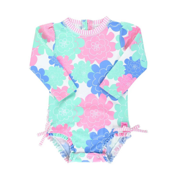 Ruffle Butts Long Sleeve One Piece Rash Guard - Pastel Petals