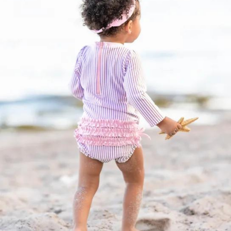 Ruffle Butts Long Sleeve One Piece Rash Guard - Lilac Seersucker