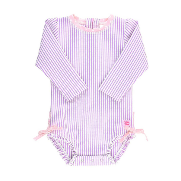 Ruffle Butts Long Sleeve One Piece Rash Guard - Lilac Seersucker