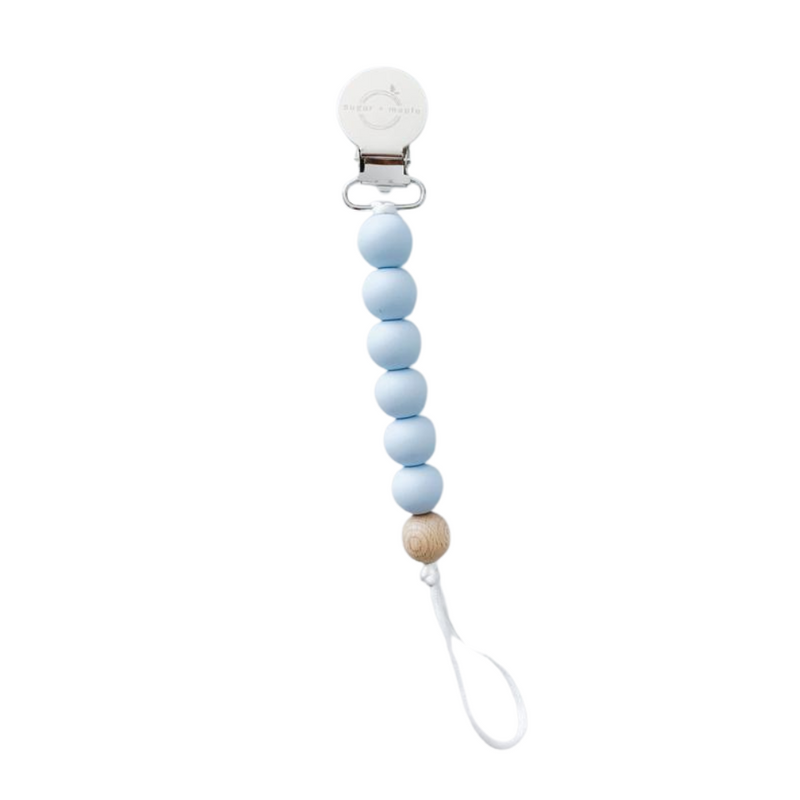 Sugar + Maple Pacifier + Teether Clip- Silicone with 1 Beechwood Bead Blue