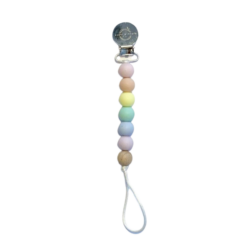 Sugar + Maple Pacifier + Teether Clip- Silicone with 1 Beechwood Bead Rainbow Pastel