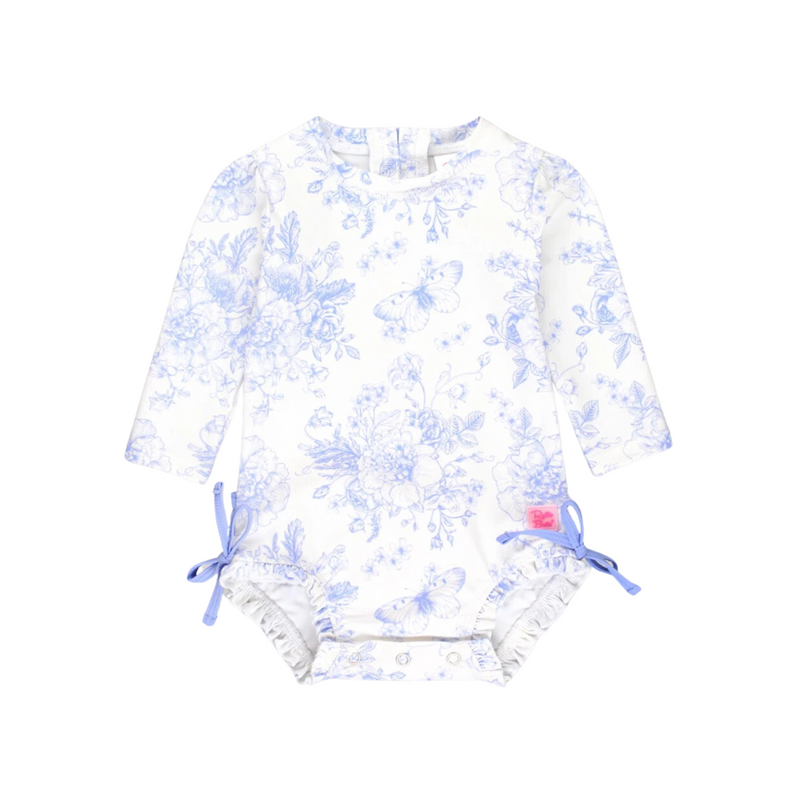 Ruffle Butts Long Sleeve One Piece Rash Guard - Periwinkle Blue Butterfly Garden Toile