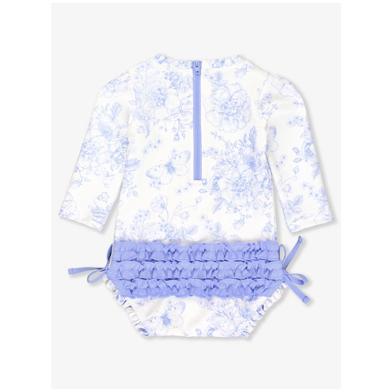 Ruffle Butts Long Sleeve One Piece Rash Guard - Periwinkle Blue Butterfly Garden Toile