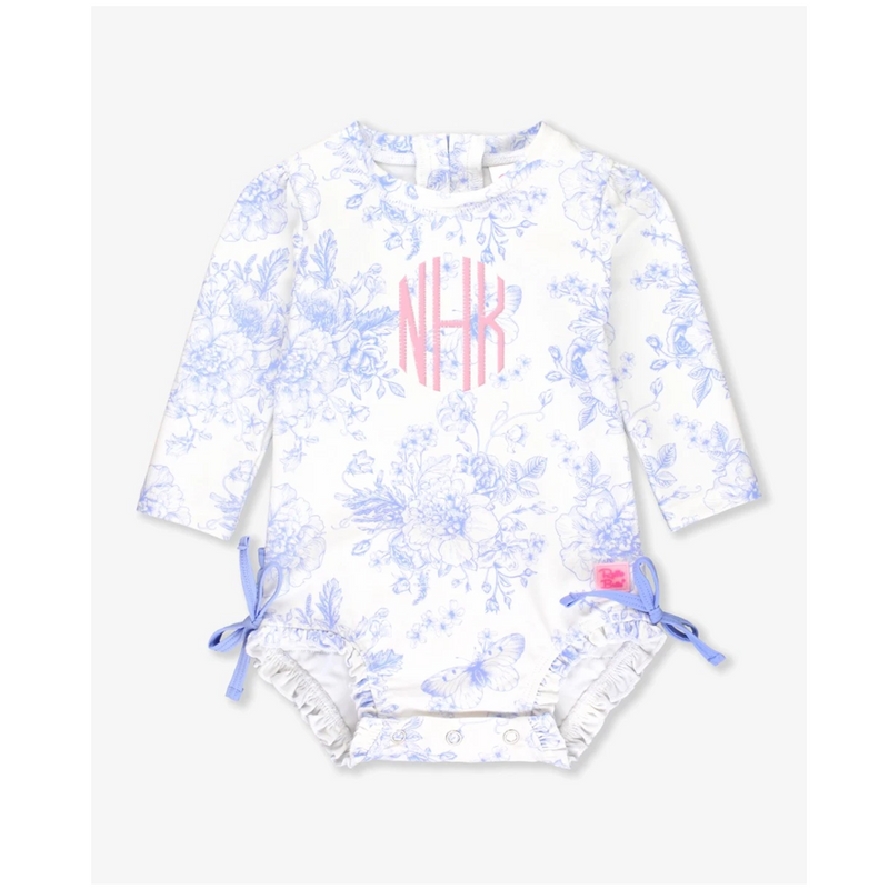 Ruffle Butts Long Sleeve One Piece Rash Guard - Periwinkle Blue Butterfly Garden Toile