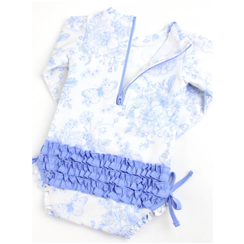 Ruffle Butts Long Sleeve One Piece Rash Guard - Periwinkle Blue Butterfly Garden Toile