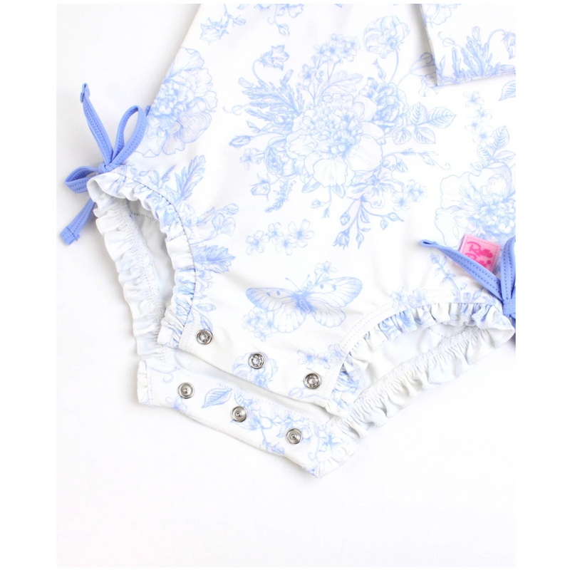 Ruffle Butts Long Sleeve One Piece Rash Guard - Periwinkle Blue Butterfly Garden Toile