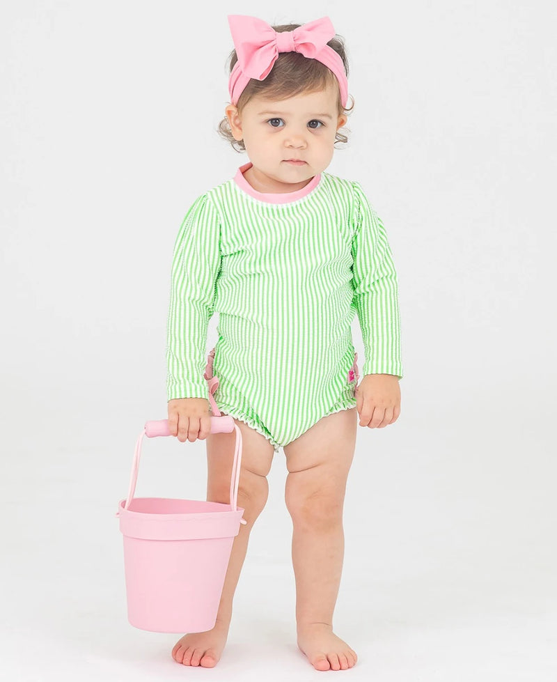 Ruffle Butts Long Sleeve One Piece Rash Guard - Spring Green Seersucker