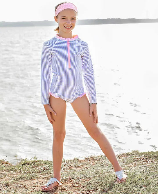 Ruffle Butts Long Sleeve One Piece Rash Guard - Periwinkle Blue