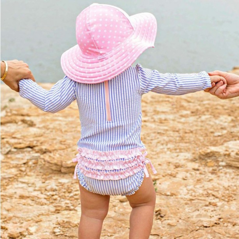 Ruffle Butts Swim Hat Pink Polka Dot Reversible