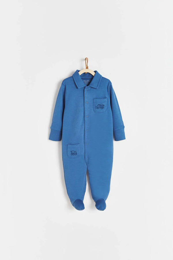 Babycottons Trucks Polo Footed Playsuit - Blue