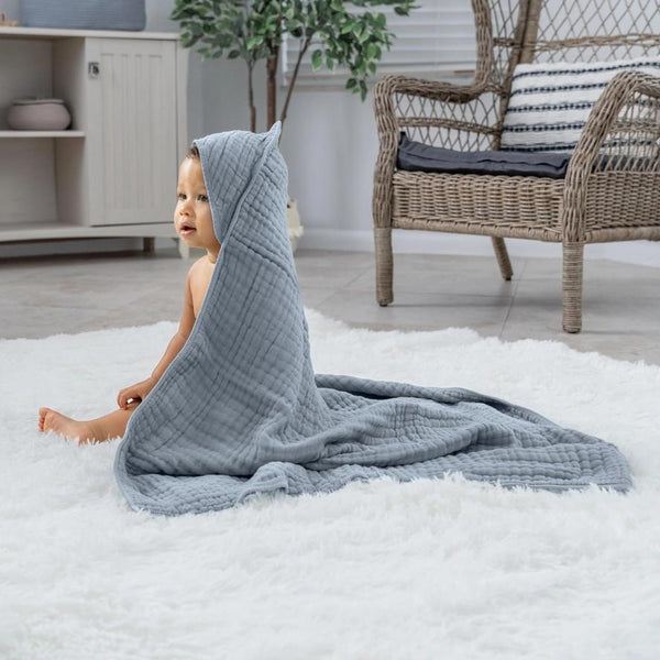 Comfy Cubs Baby Hooded 9 Layer Muslin Cotton Towel For Kids - Pacific Blue