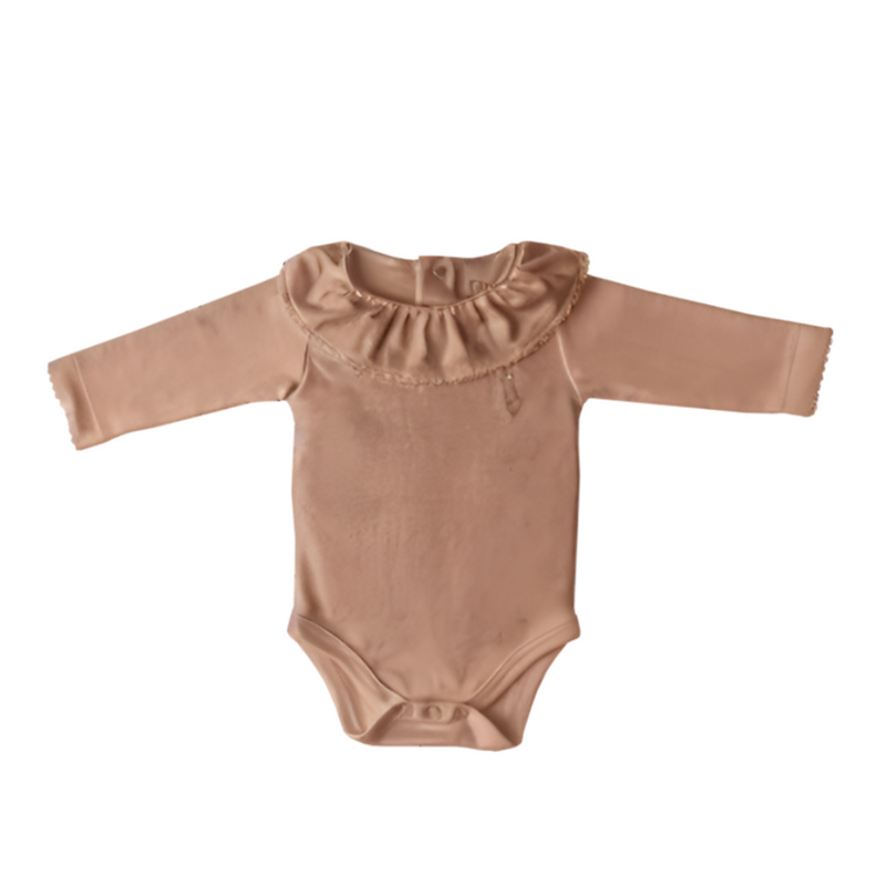 Pima Lima Long Sleeve Ruffle Collar Bodysuit - Latte